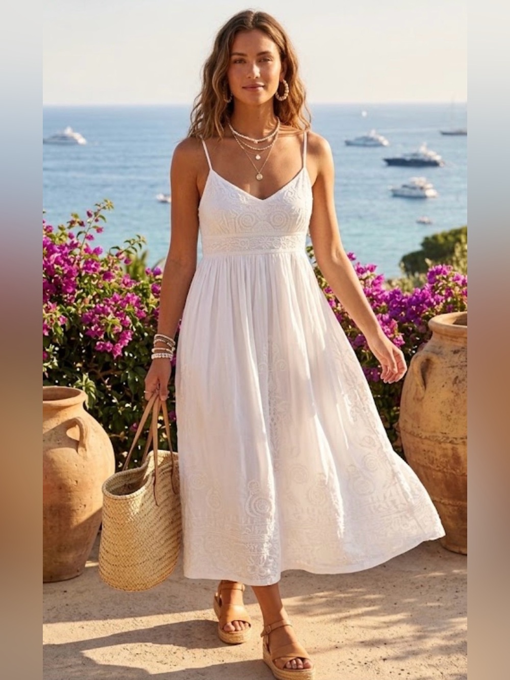 Juliet Dunn London White Embroidered Cotton Midi Sundress Resortwear US M Medium